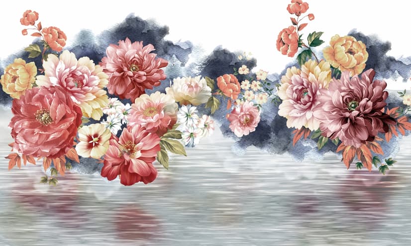 Vintage Red and Pink Blooms Floral on Smoky Background Wallpaper Mural