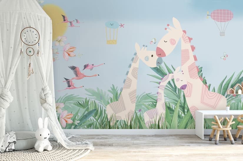 Fototapete Tropische Landschaft mit niedlichen Giraffen für das Kinderzimmer