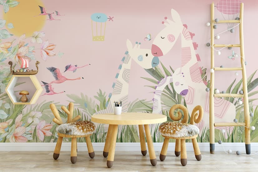 Fototapete Tropische Landschaft mit niedlichen Giraffen für das Kinderzimmer