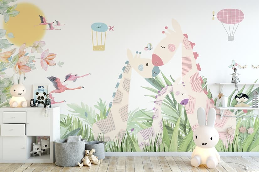 Fototapete Tropische Landschaft mit niedlichen Giraffen für das Kinderzimmer
