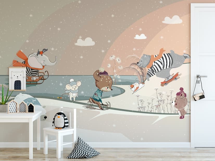 Nursery Snowy Landscape with Cute Cartoon Animals Wallpaper Mural