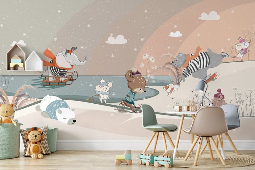 Nursery Snowy Landscape with Cute Cartoon Animals Wallpaper Mural