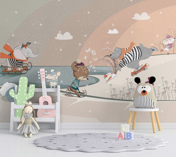 Nursery Snowy Landscape with Cute Cartoon Animals Wallpaper Mural