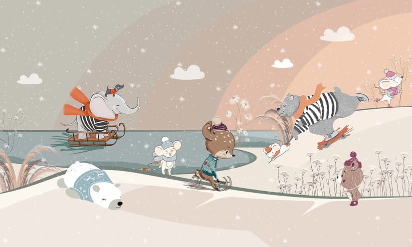 Nursery Snowy Landscape with Cute Cartoon Animals Wallpaper Mural