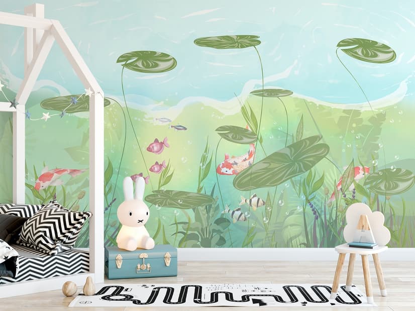 Papier peint panoramique feuilles de lotus et poissons pour chambre d'enfant