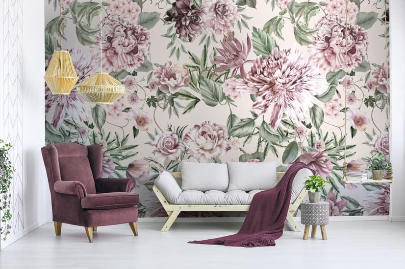 Florals With Green Leafs Wallpaper Mural