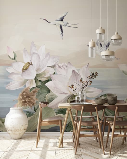 White Lotus Floral and Crane Birds Wallpaper Mural