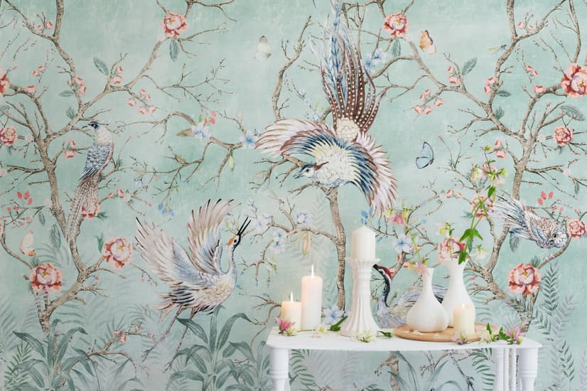 Chinoiserie Peony Blossom with Chinese Birds Wallpaper Mural