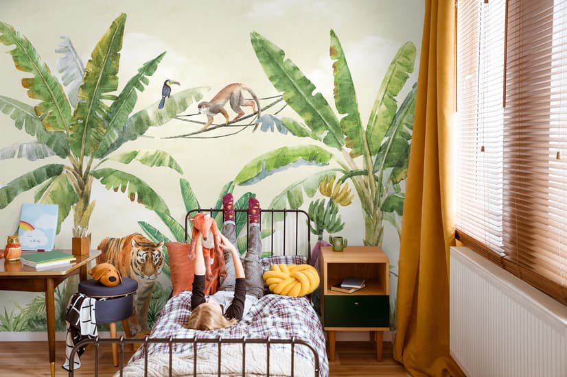 Watercolor Safari Animals in the Rainforest Wallpaper Mural for Kids