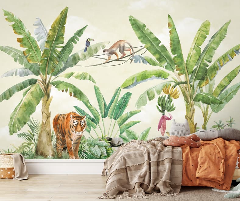 Papier peint panoramique pour enfants - Safari, animaux de la forêt tropicale, aquarelle
