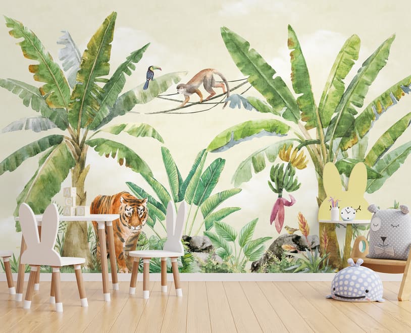Watercolor Safari Animals in the Rainforest Wallpaper Mural for Kids