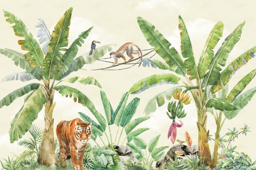 Watercolor Safari Animals in the Rainforest Wallpaper Mural for Kids