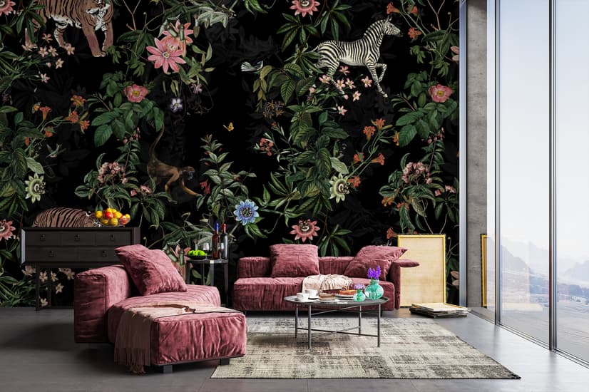 Dark Botanical Plants with Animals Wallpaper Mural