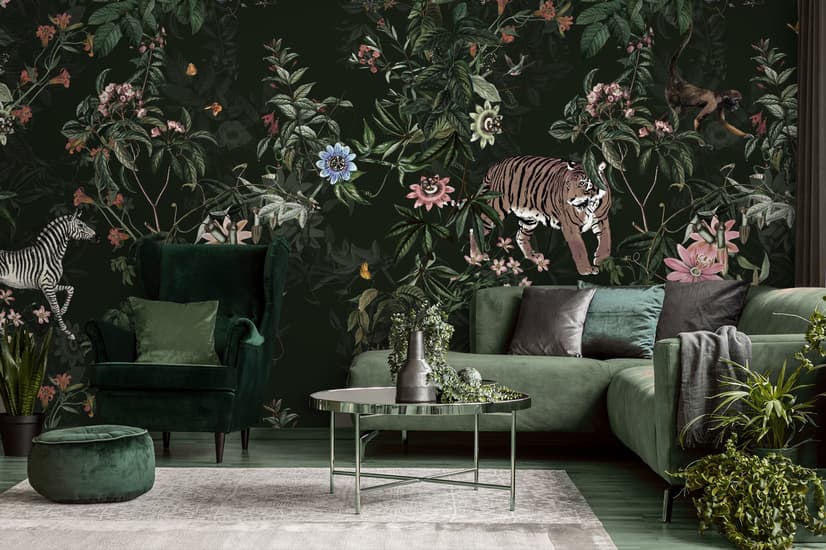 Dark Botanical Plants with Animals Wallpaper Mural