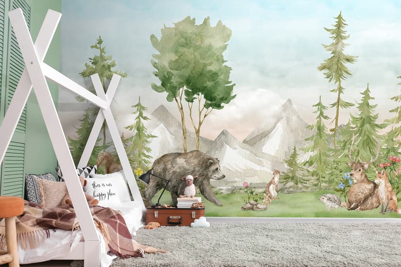 Kids Watercolor Coniferous Forest with Animals Wallpaper Mural