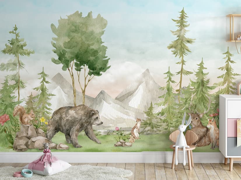Kids Watercolor Coniferous Forest with Animals Wallpaper Mural