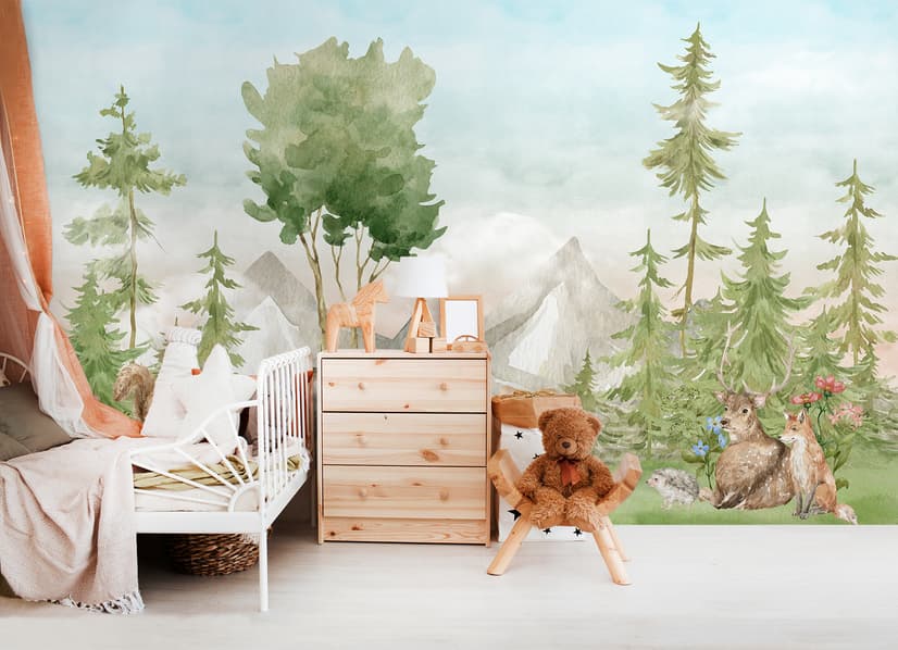 Kids Watercolor Coniferous Forest with Animals Wallpaper Mural