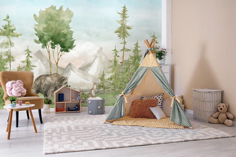 Kids Watercolor Coniferous Forest with Animals Wallpaper Mural