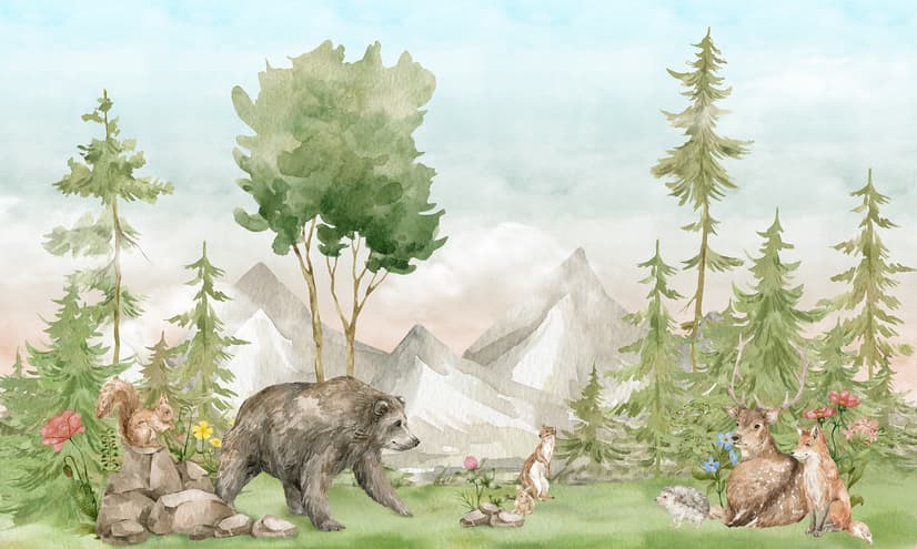 Kids Watercolor Coniferous Forest with Animals Wallpaper Mural