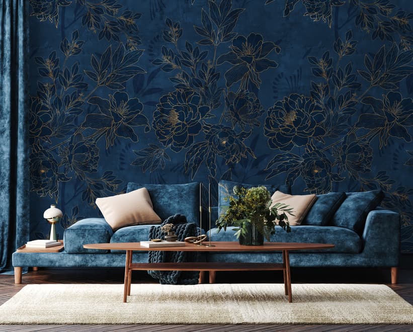 Dark Navy Peony Floral Drawing Art Wallpaper Mural