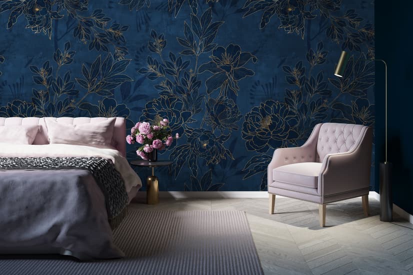 Dark Navy Peony Floral Drawing Art Wallpaper Mural