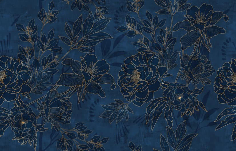 Dark Navy Peony Floral Drawing Art Wallpaper Mural