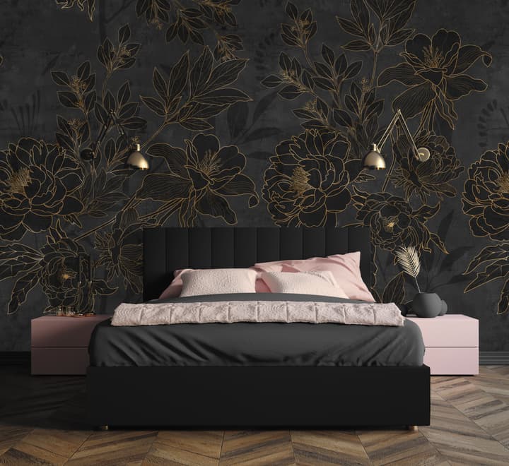 Dark Navy Peony Floral Drawing Art Wallpaper Mural