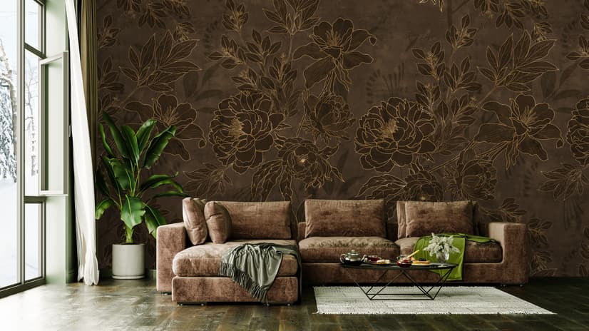 Dark Navy Peony Floral Drawing Art Wallpaper Mural