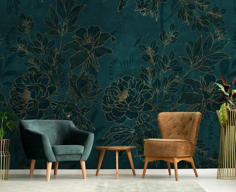 Dark Navy Peony Floral Drawing Art Wallpaper Mural