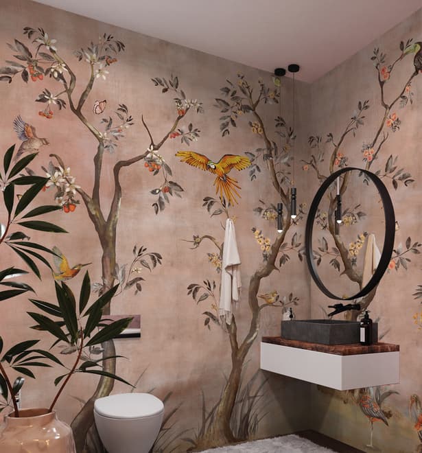 Watercolor Chinoiserie Fruit Trees Wallpaper Mural