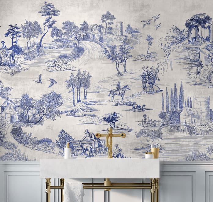 Vintage Monochrome Jouy Style Landscape Wallpaper Mural