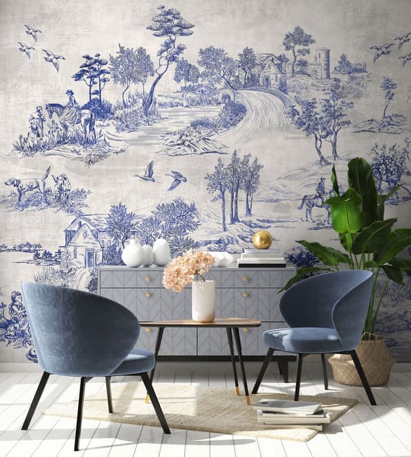 Vintage Monochrome Jouy Style Landscape Wallpaper Mural