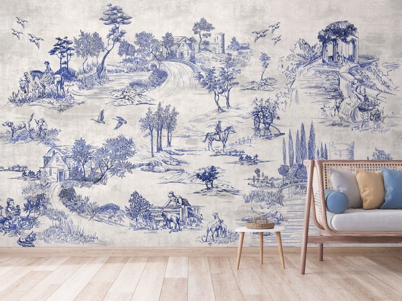 Vintage Monochrome Jouy Style Landscape Wallpaper Mural