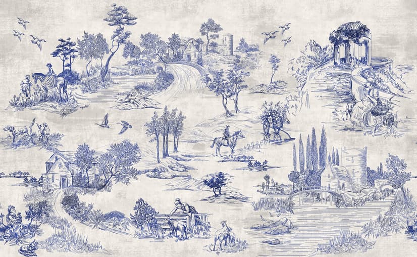 Vintage Monochrome Jouy Style Landscape Wallpaper Mural