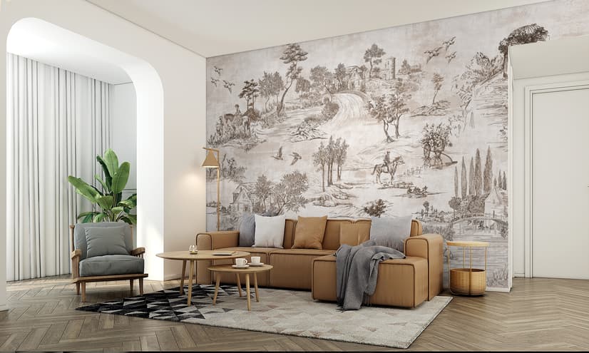 Vintage Monochrome Jouy Style Landscape Wallpaper Mural