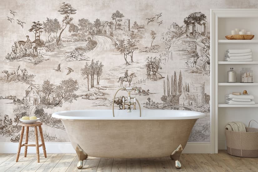 Vintage Monochrome Jouy Style Landscape Wallpaper Mural