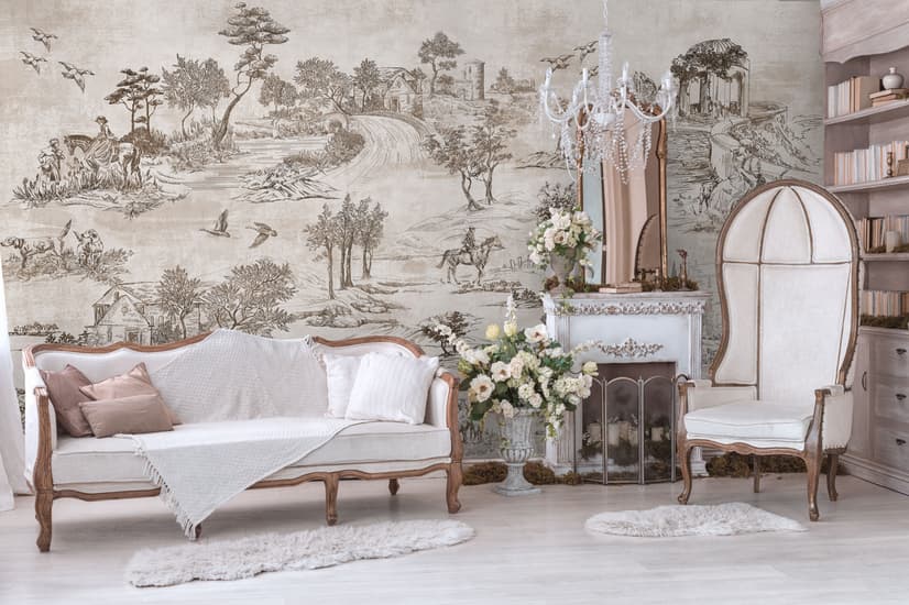 Vintage Monochrome Jouy Style Landscape Wallpaper Mural