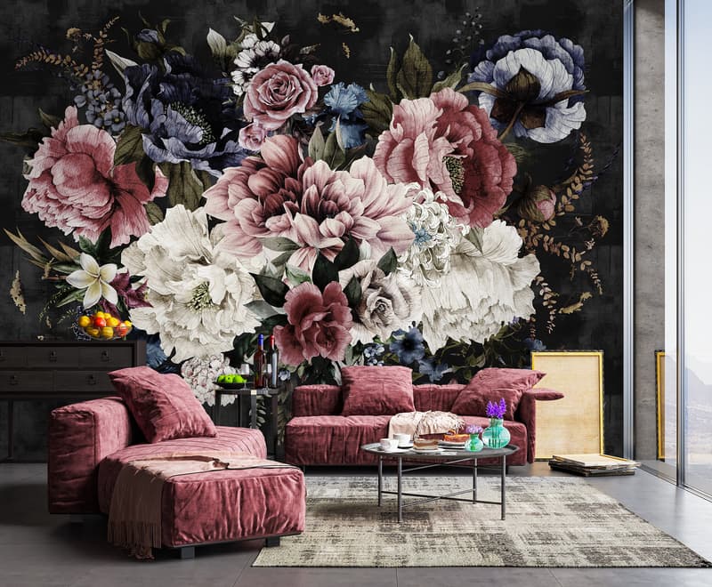 Watercolor Dark Peony Floral Wallpaper Mural