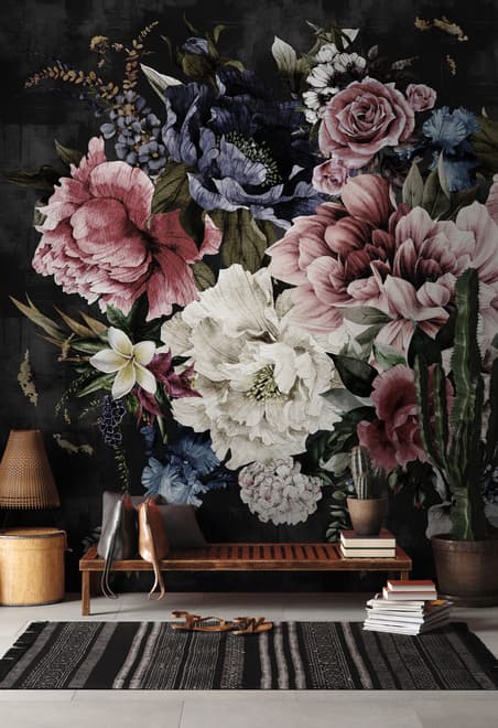 Watercolor Dark Peony Floral Wallpaper Mural
