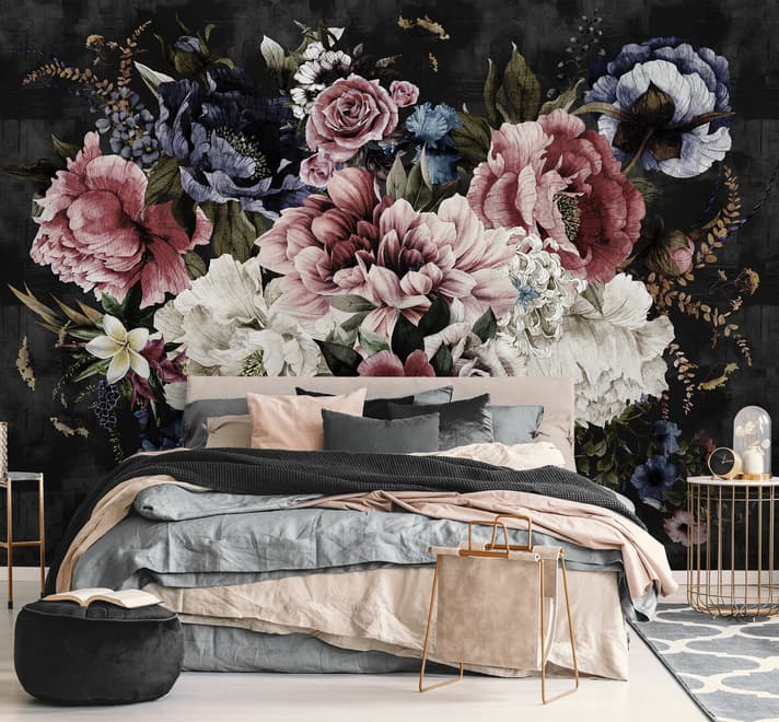 Watercolor Dark Peony Floral Wallpaper Mural
