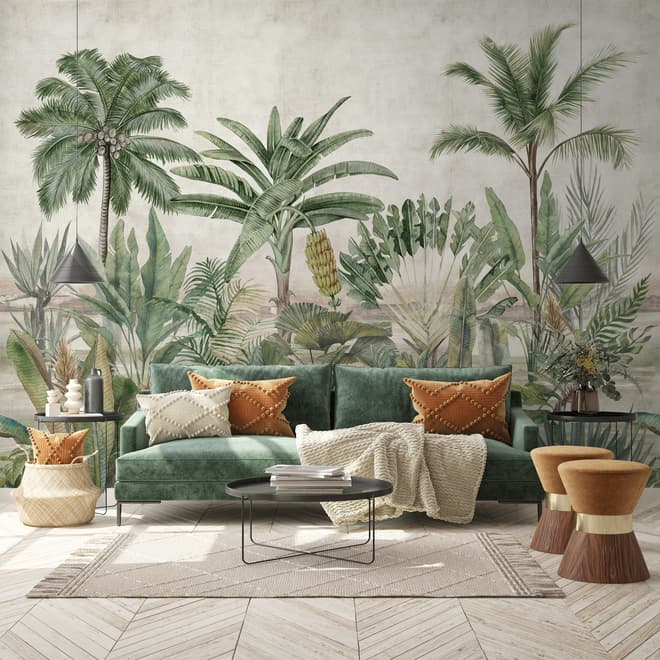 Papier peint panoramique aquarelle vintage forêt tropicale