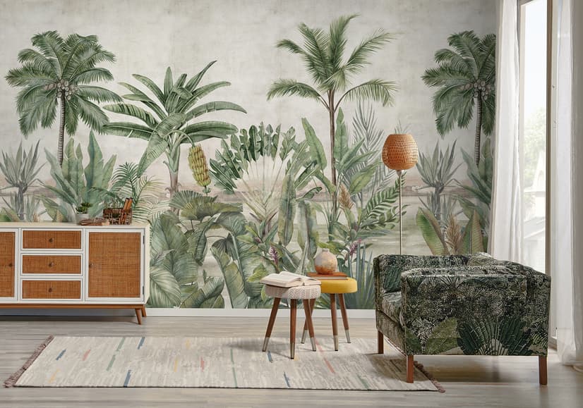 Papier peint panoramique aquarelle vintage forêt tropicale