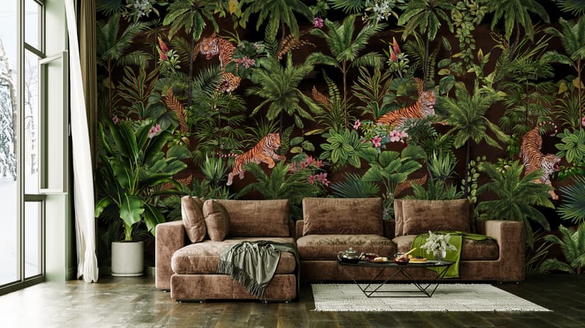 Dark Tropical Trees with Tigers Wallpaper Mural