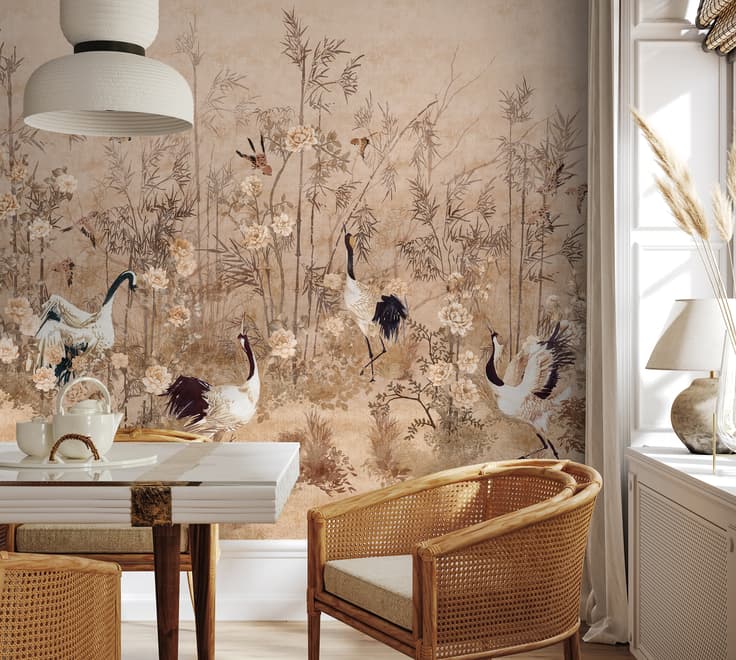 Chinese Peony Flowers and Bamboo Landscape with Crane Birds