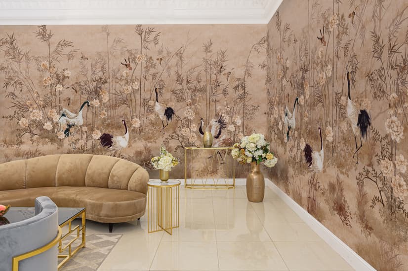 Chinese Peony Flowers and Bamboo Landscape with Crane Birds