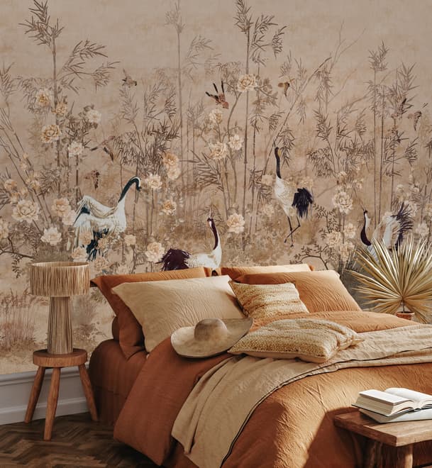 Chinese Peony Flowers and Bamboo Landscape with Crane Birds