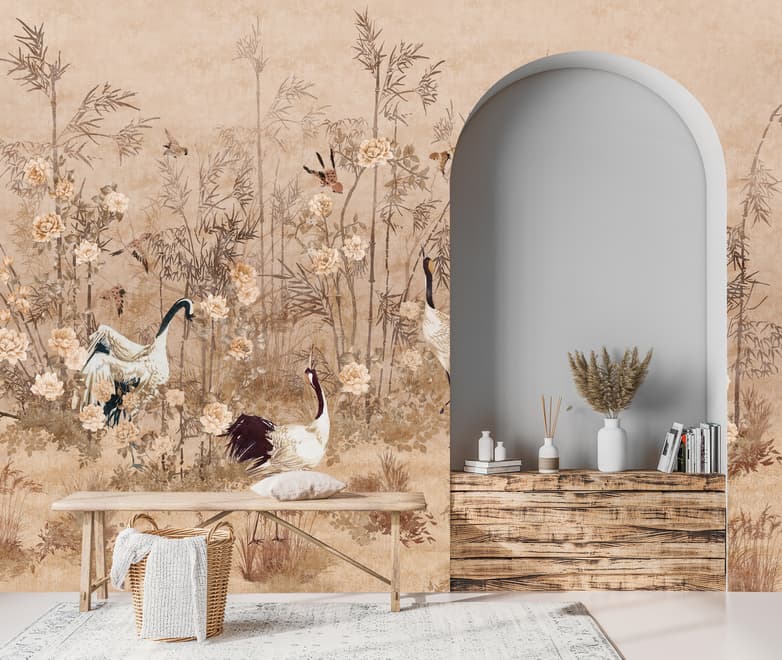 Chinese Peony Flowers and Bamboo Landscape with Crane Birds