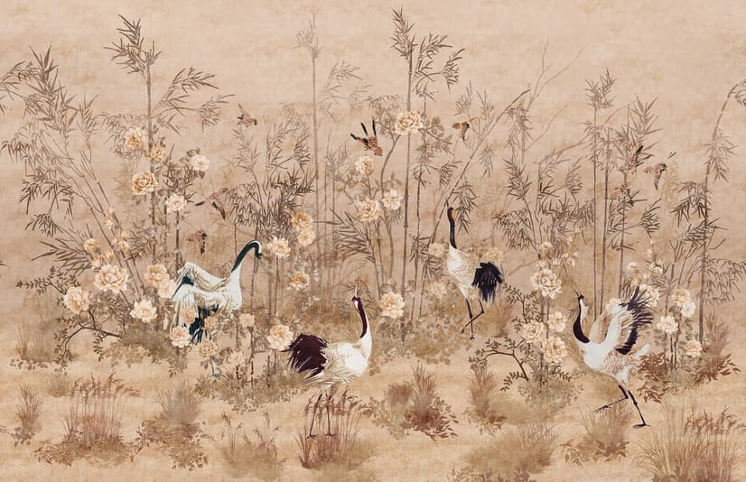 Chinese Peony Flowers and Bamboo Landscape with Crane Birds