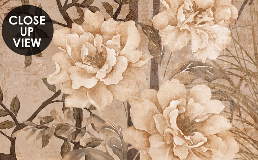 Chinese Peony Flowers and Bamboo Landscape with Crane Birds