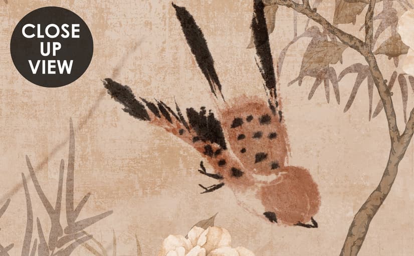 Chinese Peony Flowers and Bamboo Landscape with Crane Birds
